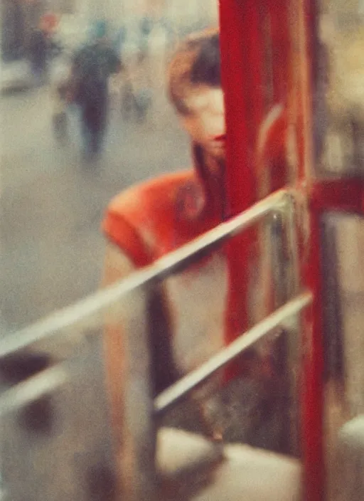 Image similar to portrait, blurry, street photography by saul leiter, red, pale