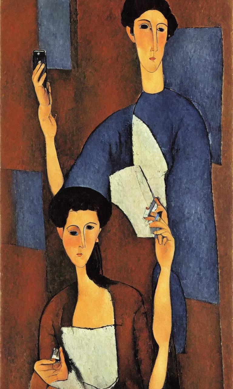 Image similar to amedeo modigliani. portrait of a woman with brown hair and a blue shirt holding an iphone in her hand. very soft brush.