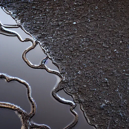 Prompt: a high resolution photograph of an oil slick on a puddle