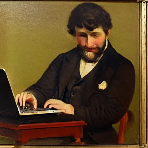 Image similar to a 19th century oil painting of a man having trouble working with his laptop