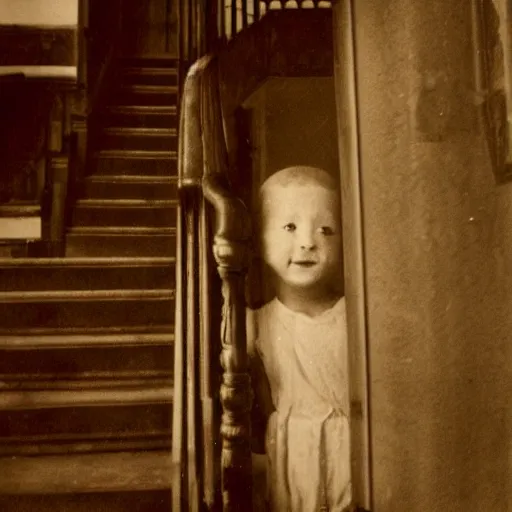 Image similar to old photo, faceless child at the top of a staircase, peering over