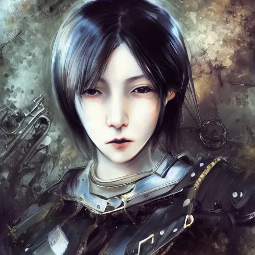 Prompt: portrait of a girl by ayami kojima, mixture between japanese and russian, she is about 2 0 years old, messy black bob hair, very tall and slender, she is wearing a steampunk tactical gear, highly detailed portrait, digital painting, artstation, concept art, smooth, sharp foccus ilustration, artstation hq