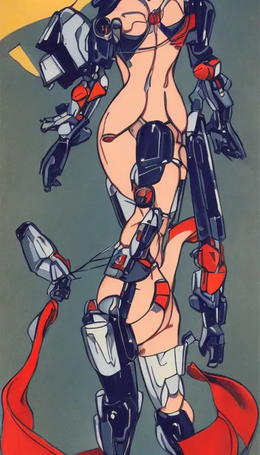 Prompt: full body cyberpunk beautiful woman, on a gundam, in the style of a 1 9 4 0 s oil painted pin - up