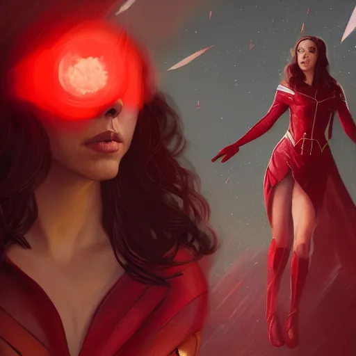 Image similar to aubrey plaza as scarlet witch by greg rutkowski, concept art, highly detailed, realistic, high fidelity, intricate, ornate, fine detail, 4k, octane render, trending on artstation