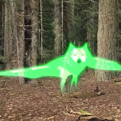 Image similar to a giant gray wolf with wings and glowing green eyes flying through a forrest hunting prey