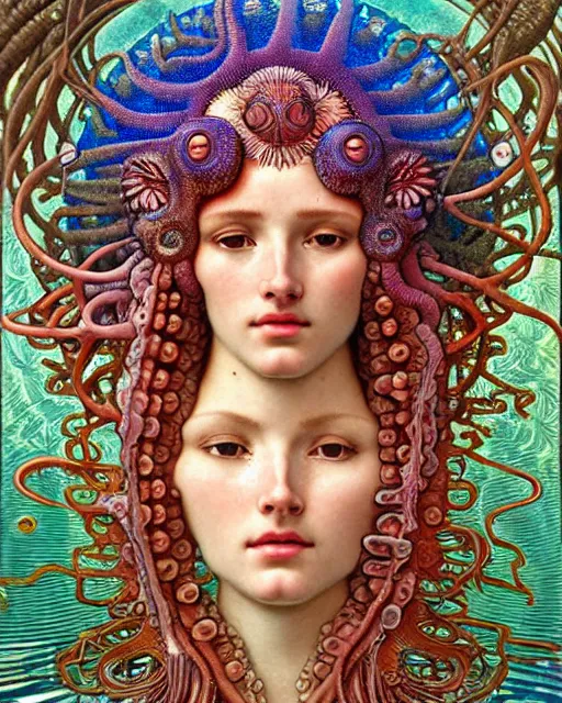 Image similar to hyperrealistic detailed underwater face portrait of the beautiful goddess of the jellyfish with an intricate headgear of corals, sea kelp, sea plants, fish, starfish, jellyfish, art by ernst haeckel, john william godward, android jones, alphonso mucha, gothic - cyberpunk, ornamental, beautiful deep colours,