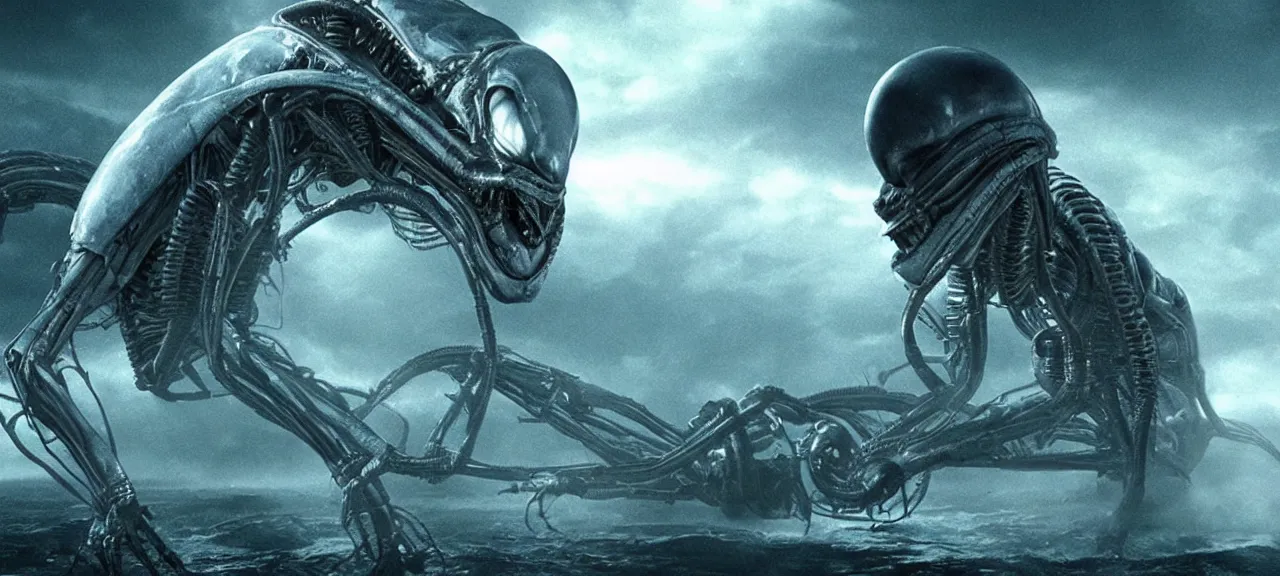 Image similar to Image from scifi movie Alien, terrified priest watching wet alien, horror atmosphere, cinematic, dramatic view, vfx quality film effects, details and vivid colors