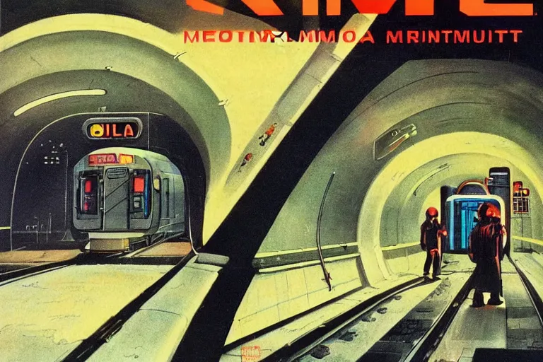 Prompt: 1979 OMNI Magazine Cover of a subway train maintenance tunnel. Cyberpunk Akira style by Vincent Di Fate