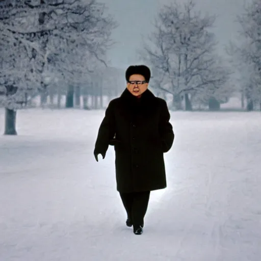 Image similar to filmstill of Kim Jong-il wearing a furry chapka and playing the role of Omar Sharif in Doctor Zhivago by David Lean, man in grey winter coat, cold Russian winter, snow and trees, Prussian architecture, old Russian interior, Doctor Zhivago movie shot, minimal composition, 1965, cinemascope, Eastman Color Negative 50T 5251 Neg. Film, epic romance