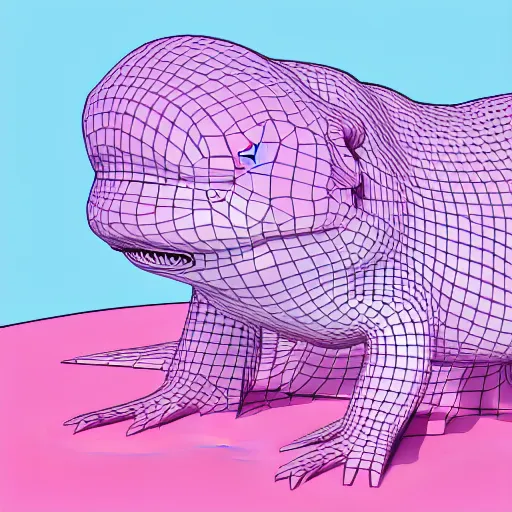 Image similar to an anatomically accurate picture of an axolotl, 3 d illustration, synthwave, pink and blue colors