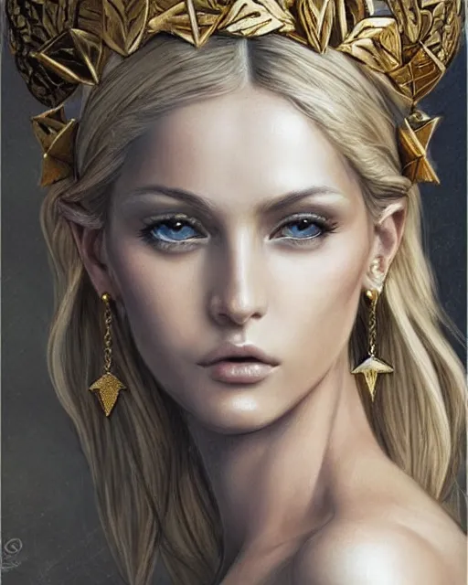 Image similar to tattoo sketch of hot blonde super model as aphrodite greek goddess wearing a gold laurel wreath and triangle earrings, beautiful piercing gaze with sharp pupils, in the style of greg rutkowski, fantasy, amazing detail, epic, elegant, smooth, sharp focus, front view