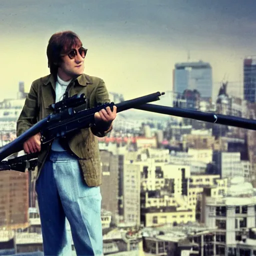 Image similar to john lennon looking down a sniper rifle, city background, photography, high quality, 8 k,