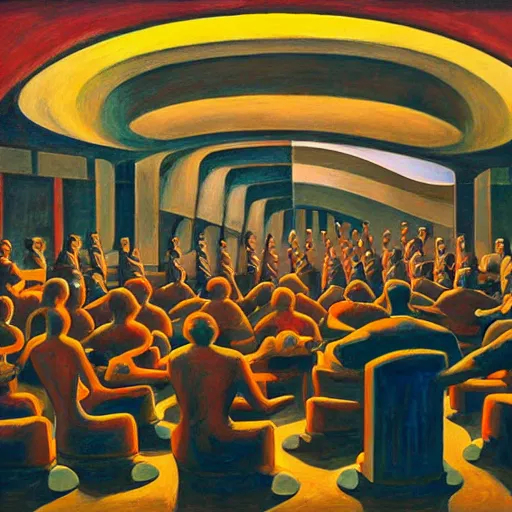 Image similar to robotic choir in an amphitheater, pj crook, grant wood, edward hopper, syd mead, chiaroscuro, oil on canvas