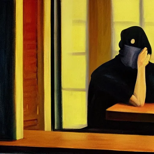 Prompt: a portrait of a vampire with a paper bag over his head, sitting in an 80s diner, painting in style of Edward Hopper, moody lighting, 4K,