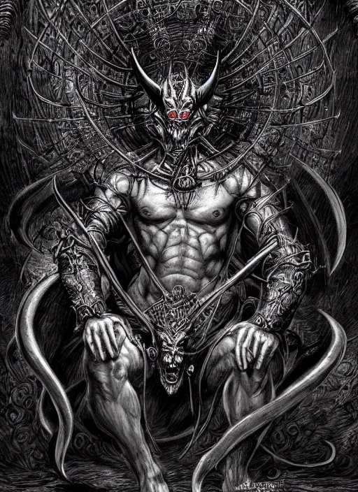 Image similar to the demon nebiros is supposedly the most valiant marquess of hell, and has nineteen legions of demons under his command, digital illustration in a mixed style of serhiy krykun and ken taylor, inspired by gustave dore, intricate, hyper detailed, stunning inking lines, 4 k, hd, award winning, photorealistic