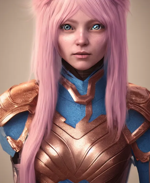 Prompt: a beautiful and highly detailed digital portrait of a dignified elf with long blue hair in rose gold armor by nina tryggvadottir, centered, artsation contest winner, cgsociety, fantasy art, cryengine, concept art, photorealism, daz 3 d, sketchfab, zbrush, vray