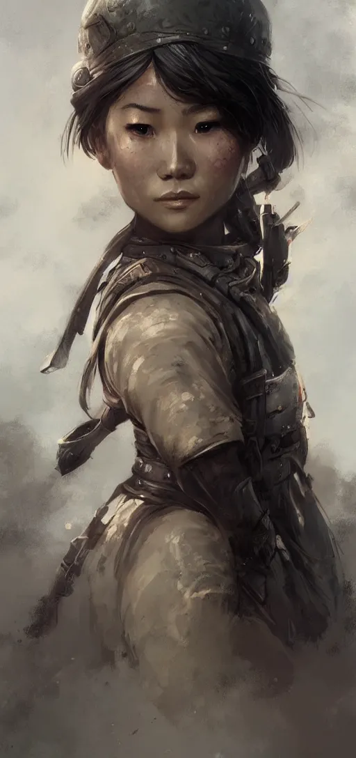 Image similar to portrait of vietnamese solider girl, epic, elder scrolls art, fantasy, skyrim, hd shot, digital portrait, beautiful, artstation, by artgerm, guy denning, jakub rozalski, magali villeneuve and charlie bowater