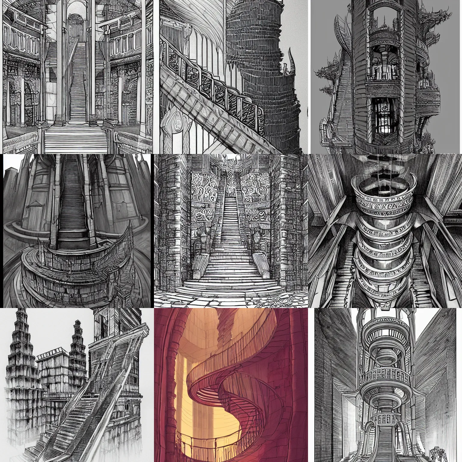 Prompt: towering temple surrounded by a spiralling staircase, inktober, smooth, sharp focus, detailed comicbook art, award winning, trending on artstation, artwork by moebius