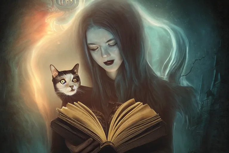 Image similar to romantic photo of bright girl, her cat and her book of necronomicon, symmetrical, cinematic, real dlsr photography, sharp focus, 4 k, ultra hd, sense of awe, sinister demonic atmosphere, dreadful, forbidden knowledge, old gods, cthulhu, yog - sothoth! yah, yah, yah! cultist journal cover