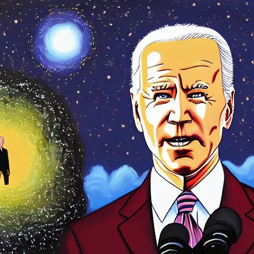 Prompt: dark joe biden standing in front of the collapse of the universe, painting