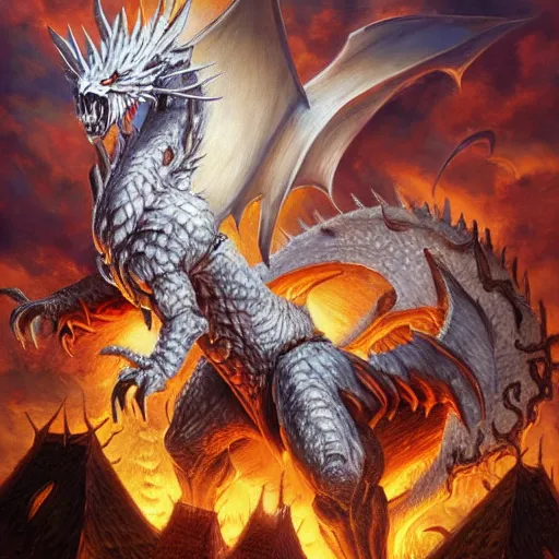 Prompt: the head of an evil white dragon attacking a village, by Tony Sart, detailed, realistic, masterpiece, symmetrical