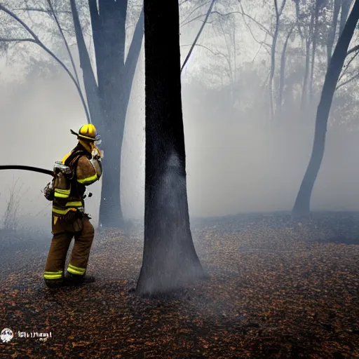 Prompt: stunning award winning photograph of a firefighter spraying water on a burning tree on a foggy night