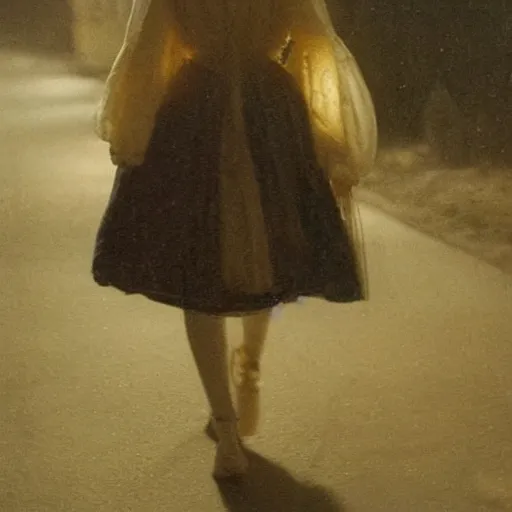 Prompt: Elle Fanning walks at night by Dutch romantic painter Petrus van Schendel
