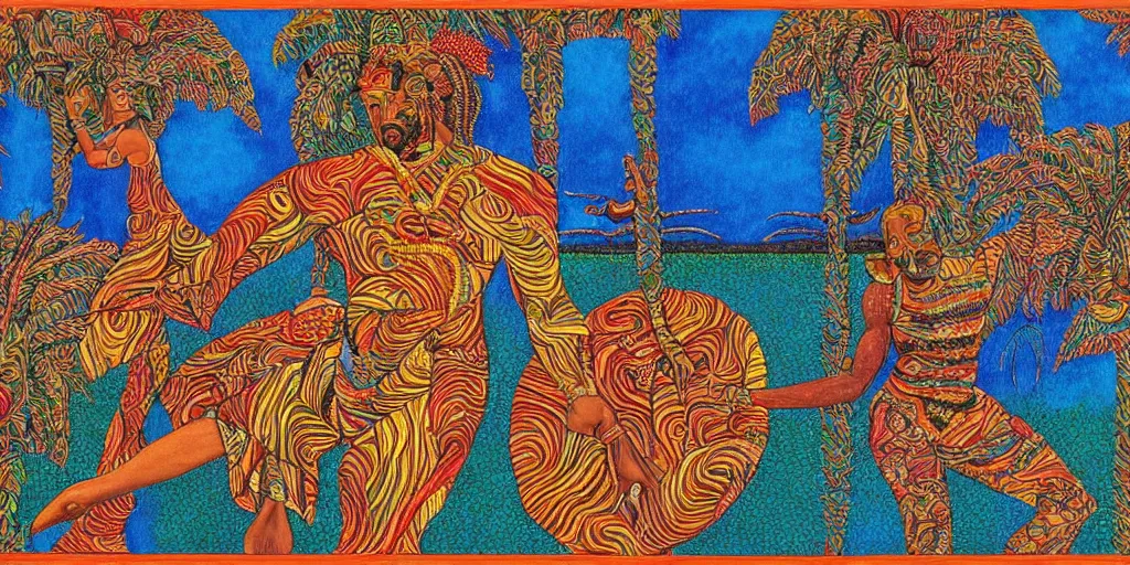 Image similar to an abstract tropical landscape, portrait of a dark - skinned greek god dancing. 2 4 mm, photorealistic, muted color scheme, directed by mati klarwein