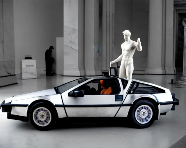 Image similar to marble statue of delorean in louvre, circa 1 9 8 4