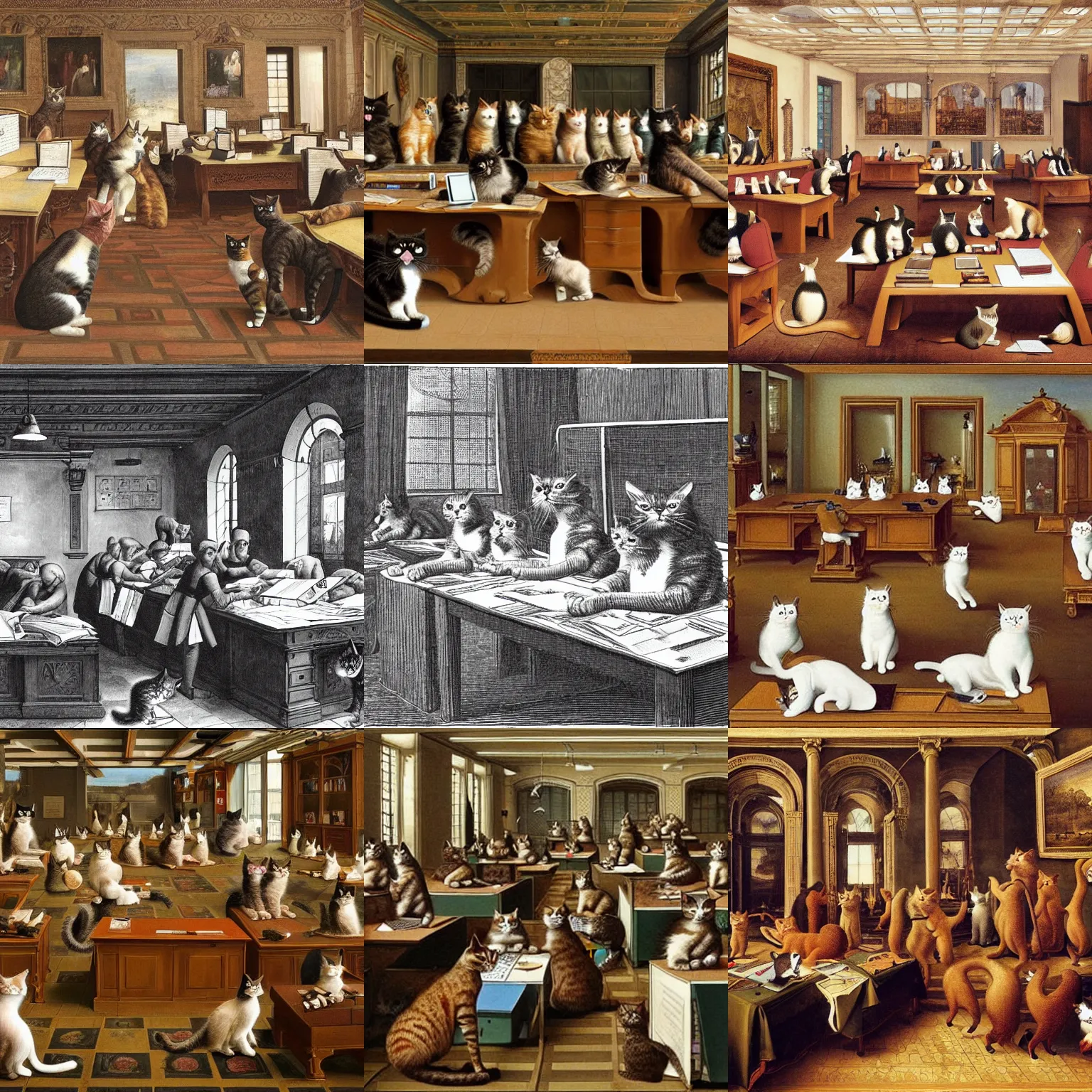 Prompt: cats working hard in a big office, renaissance