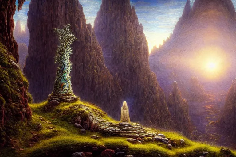 Image similar to a beautiful and highly detailed digital painting of a beautiful elven monument in the mystical mountains, psychedelic patterns, intricate details, epic scale, 8 k, sharp focus, photorealism, artstation, cgsociety, by caspar friedrich, albert bierstadt, james gurney, brian froud,