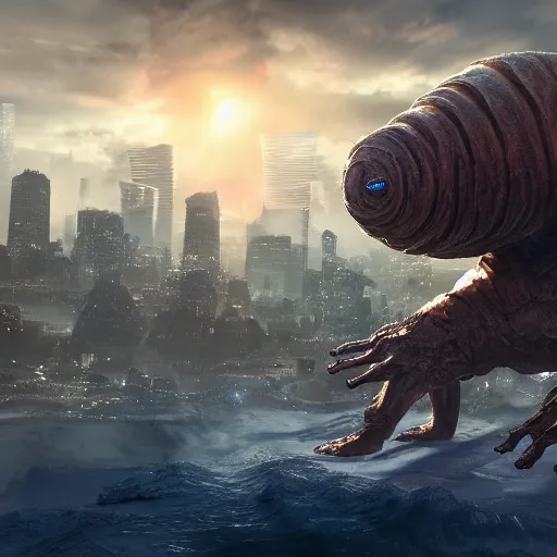 Prompt: a giant tardigrade attacking tokyo, by ansel adams, highly detailed, artstation, unreal engine, 4 k