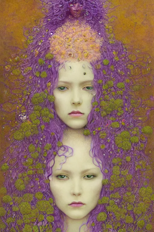 Prompt: portrait of beautiful gothic young mainem, more thunderstorm, cyber armor, a lot of scars, more and more flowers, purple head, the middle ages, highly detailed, artstation, illustration, art by jean delville, 8 k quality, art by greg gandy and gustav klimt