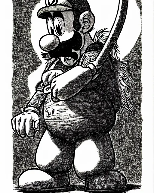 Prompt: nintendo's luigi as a d & d monster, on square background, pen - and - ink illustration, etching, by russ nicholson, david a trampier, larry elmore, 1 9 8 1, hq scan, intricate details, high contrast