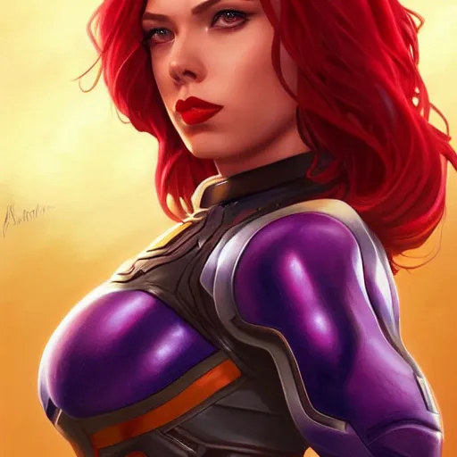 Image similar to natasha romanoff as thanos, feminine beautiful muscular fitness model wearing armor, red lips, attractive, highly detailed full body portrait, pretty face, elegant, breathtaking art, concept art, by artgerm and ilya kuvshinov