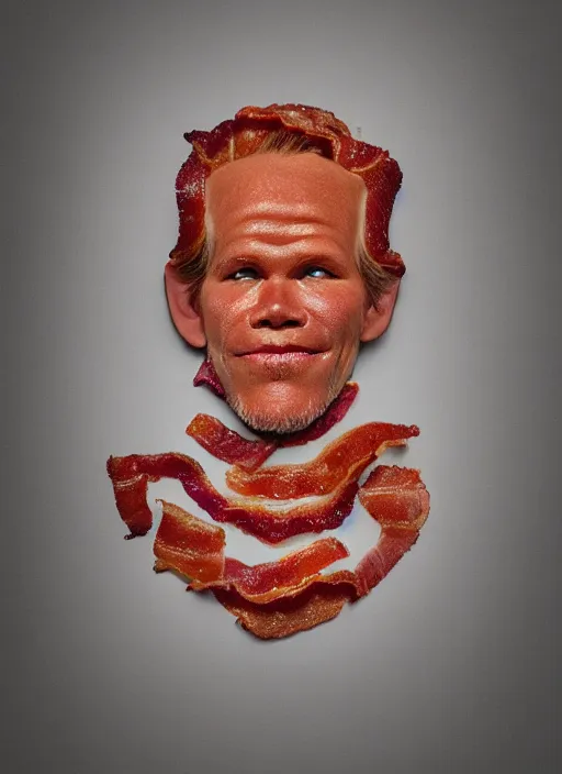 Image similar to bacon in the shape of a human face, human face made out of bacon, kevin bacon made out of bacon, professional food photography, unreal engine