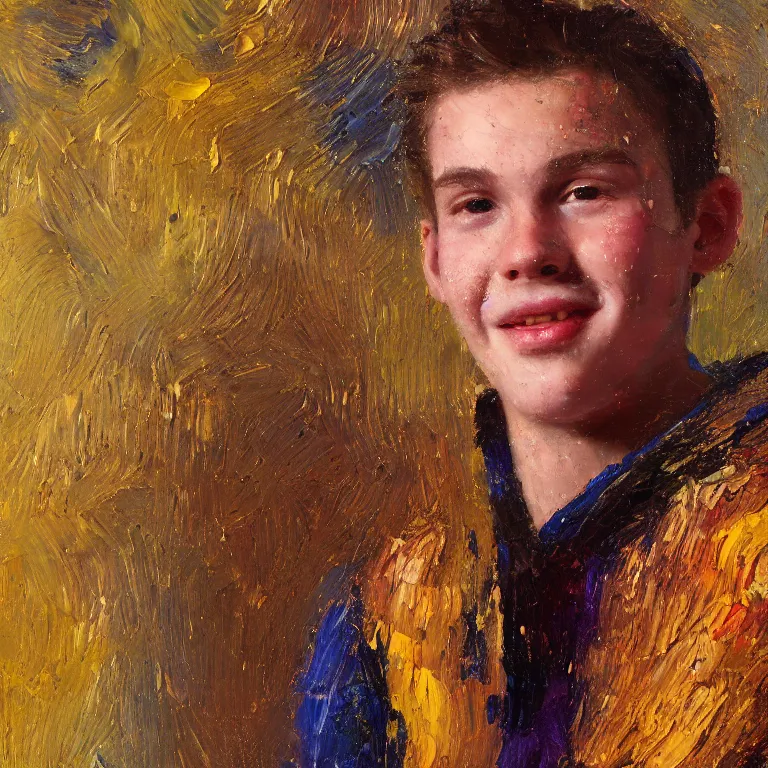 Image similar to Beautiful warmly lit close up studio portrait of young teenage Thanos sweetly smiling cute, impasto oil painting heavy brushstrokes by Cy Twombly and Anselm Kiefer , trending on artstation dramatic lighting abstract Expressionism