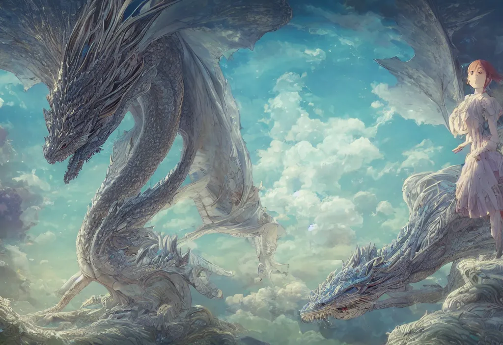 Image similar to the beautiful hyper detailed scene render that a lonely single beautiful girl lies in the arms of a huge silver dragon alone in the fairyland surrounded by white clouds, in the style of makoto shinkai victo ngai and peter mohrbacher studio ghibli artgerm karol bak beeple, cinematic, beautiful dream, ultra wide angle, animation style, 8 k hd