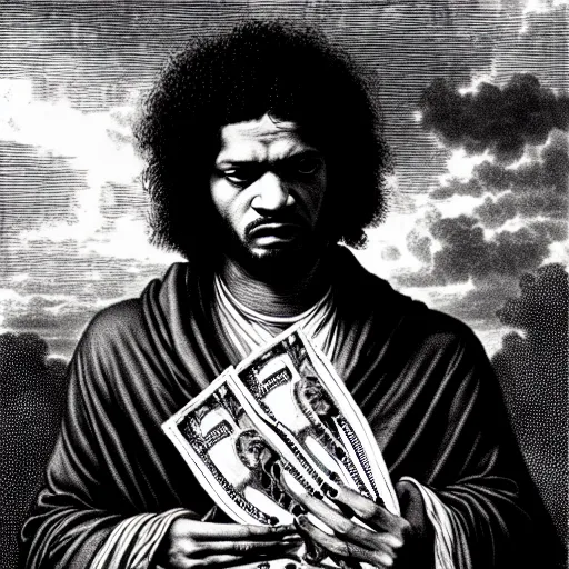 Image similar to fredo santana rapper holding stacks of cash, biblical image, style of gustave dore, highly detailed, beautiful, high contrast, black and white