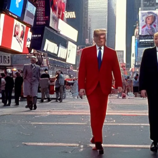 Image similar to still of donald trump walking with bodyguards in time square, wearing maga hat, in american psycho ( 1 9 9 9 )