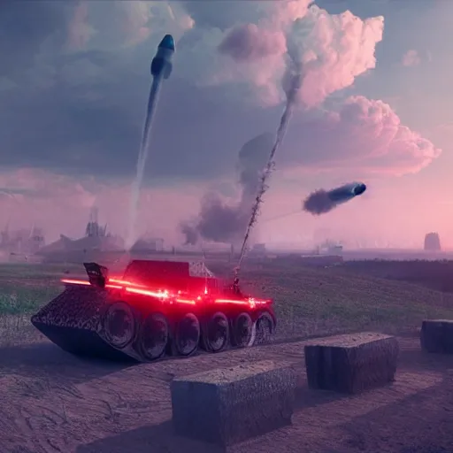 Prompt: Watermelon as military vehicle with epic weapons, launching rockets on a battlefield, russian city as background. Concept digital art in style of Caspar David Friedrich, Less watermelon more military vehicle,unreal engine 5, artstationHD, 4k, 8k, 3d render, 3d Houdini, cinema 4d, octane epic RTX dimensional dramatic light