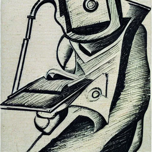 Prompt: A robot reading a book; in the style of Umberto Boccioni