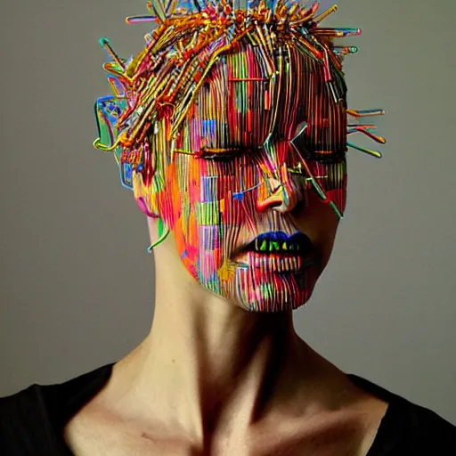 Image similar to hyper realistic woman with a weird head piece on her head, made of paperclips, made of insects, made of feathers, hybrid, bold natural colors, panfuturism, masterpiece, trending on artstation, photograph