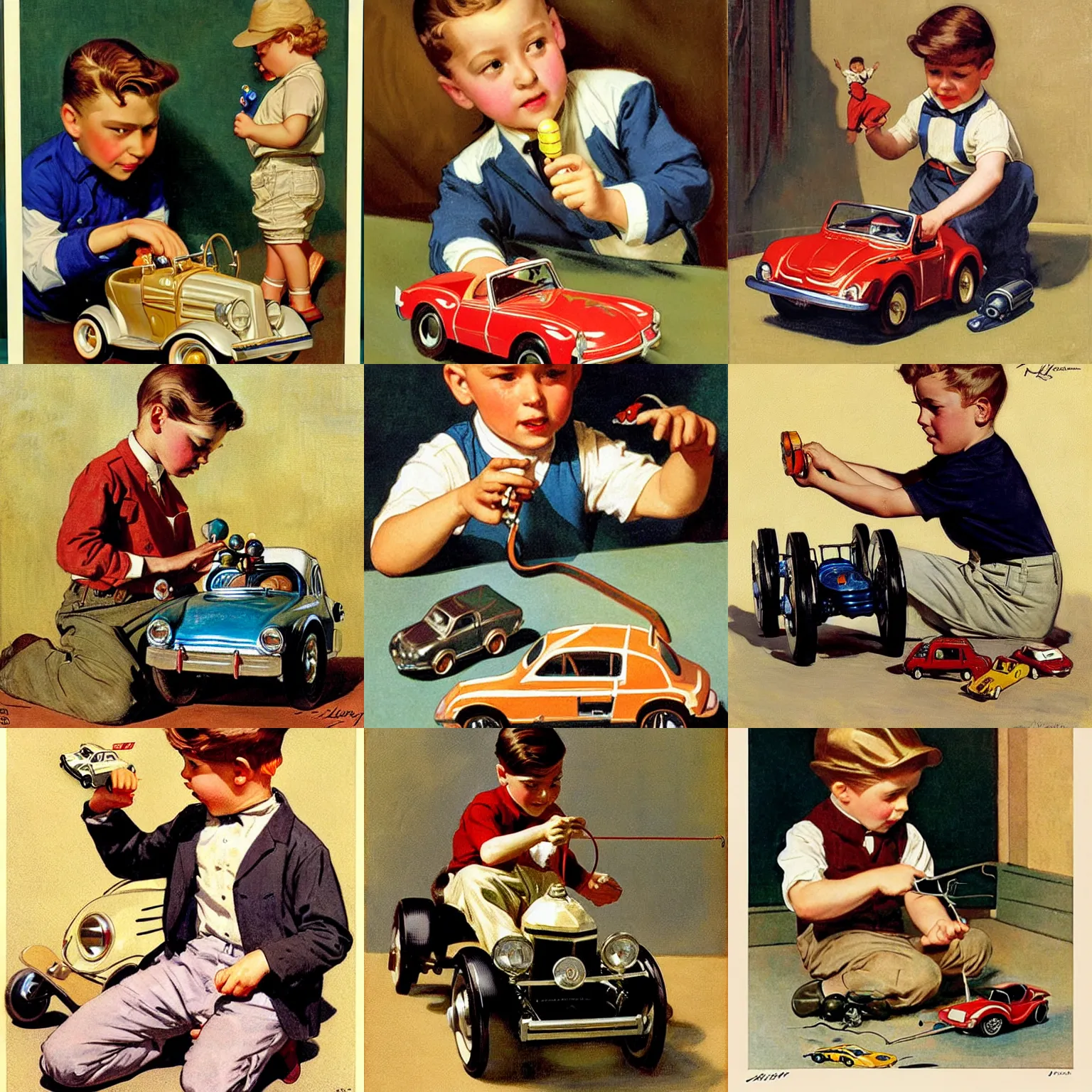 Prompt: a kid playing with a toy car, art by j. c. leyendecker