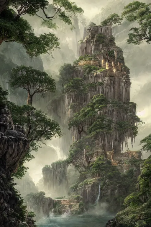 Image similar to carved into the Rock a citadel-temple above a waterfall , gnarly trees, lush vegetation, forrest, a small stream runs beneath the waterfall, landscape, raphael lacoste, eddie mendoza, alex ross, concept art, matte painting, highly detailed, rule of thirds, dynamic lighting, cinematic, detailed, denoised, centerd