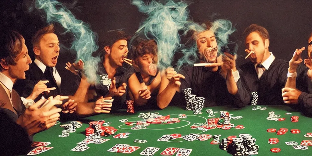 Prompt: five cats playing Texas holdem poker, smoking cigarettes and singing