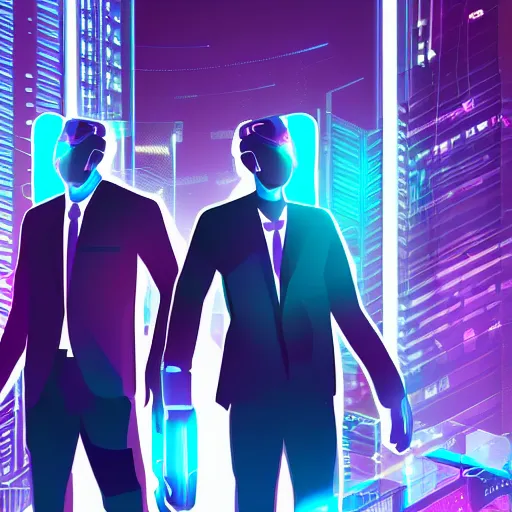 Image similar to two cyberpunk businessmen, detailed digital illustration, nighttime, colorful lighting, android netrunner