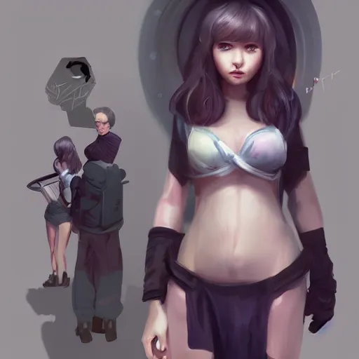 Image similar to character sheet cute girl, digital art by wlop. character design concept art. artstation contest winner, cinematic paint. lower shot. blade runner, scifi, candy girl