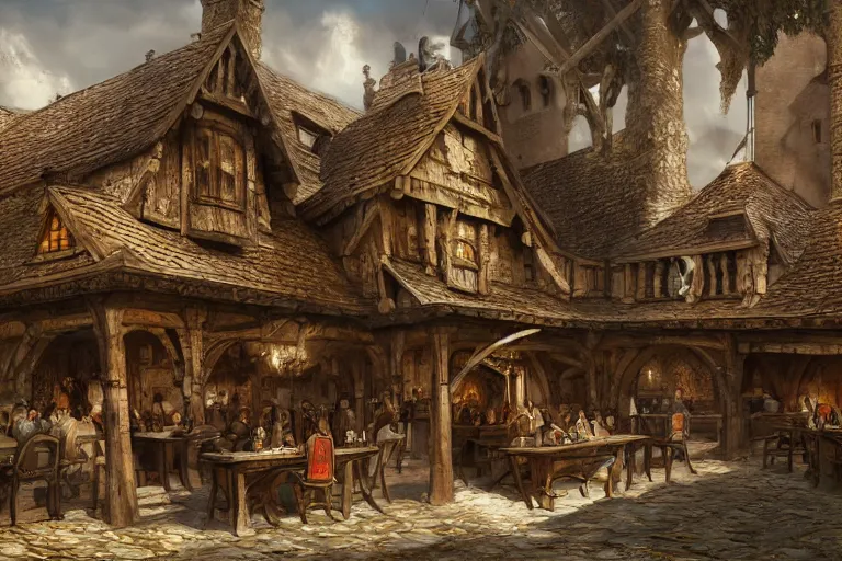 Image similar to A medieval tavern, texture, intricate, details, highly detailed, masterpiece, architecture, building, trending on artstation, focus, sharp focus, concept art, digital painting, fantasy, sunny, day, midday