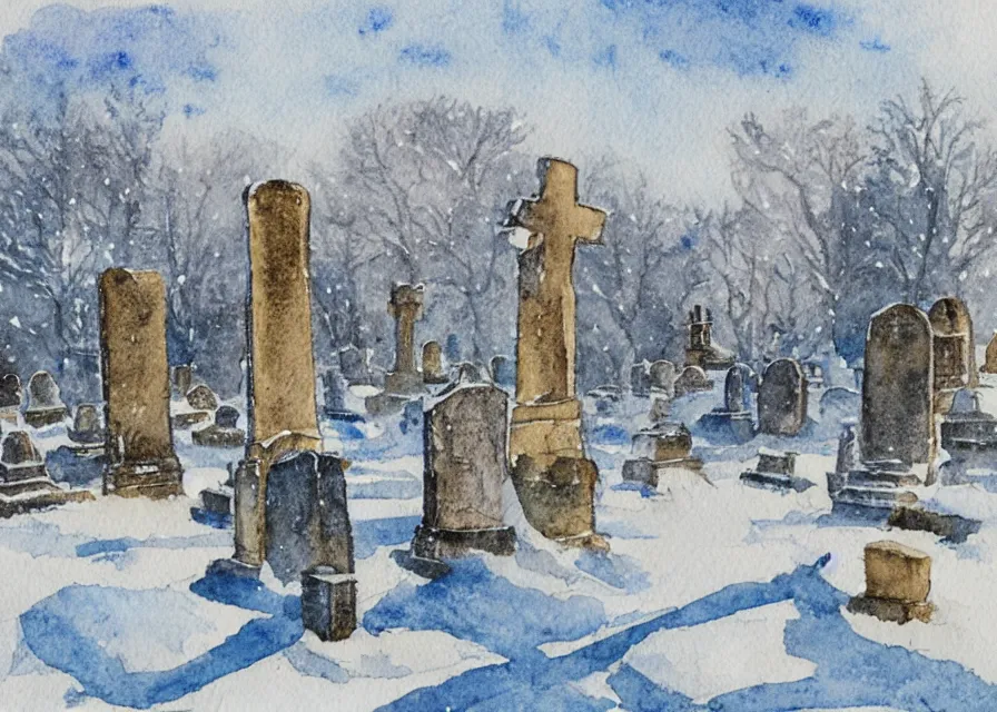 Image similar to graveyard with large monuments covered in snow, watercolor illustration